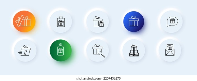 Gift icons set. Interest, package, thought, coupon, search, delivery, envelope, holiday, birthday, surprise. Gift concept. Neomorphism style. Vector line icon for business.