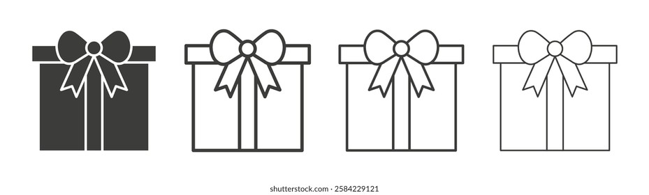 Gift icons set. Liner outlined and flat black color