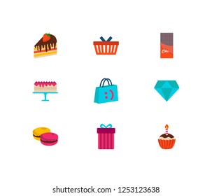 Gift icons set. Macaroons and gift icons with gift, shopping bag and dessert. Set of sale for web app logo UI design.