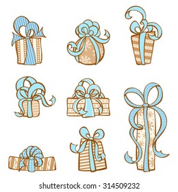 Gift icons set. Various hand-drawn festive gifts. Design elements for your design isolated on white background.