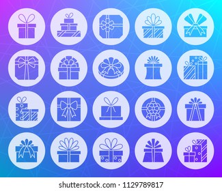 Gift icons set. Web sign kit of bounty box. Present glyph style pictogram collection includes prize, bow, ribbon, pack. Simple gift vector symbol. Icon shape carved from circle on violet background