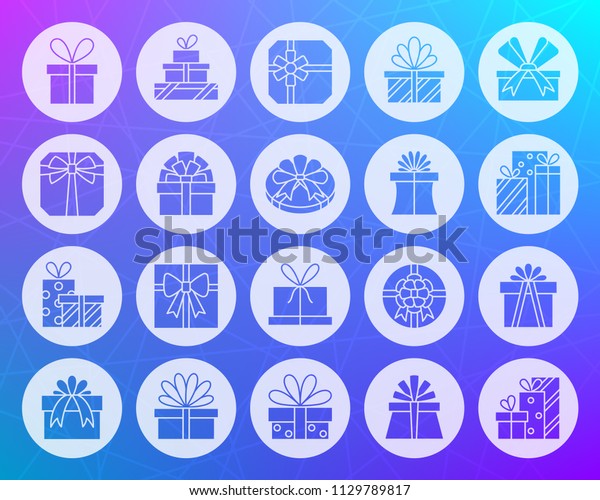 Gift icons set. Web sign kit of bounty box.\
Present glyph style pictogram collection includes prize, bow,\
ribbon, pack. Simple gift vector symbol. Icon shape carved from\
circle on violet\
background