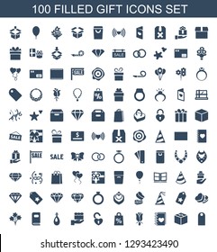 gift icons. Trendy 100 gift icons. Contain icons such as tag, box, notebook with heart, rose, shopping sale, heart lock, earring, photo album, bouquet. gift icon for web and mobile.