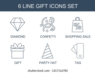 gift icons. Trendy 6 gift icons. Contain icons such as Diamond, confetti, shopping sale, party hat, tag. gift icon for web and mobile.
