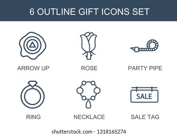 gift icons. Trendy 6 gift icons. Contain icons such as arrow up, rose, party pipe, ring, necklace, sale tag. gift icon for web and mobile.