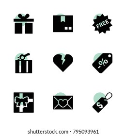 Gift icons. vector collection filled gift icons set.. includes symbols such as package, broken heart, love letter, shopping tag, gift, free. use for web, mobile and ui design.