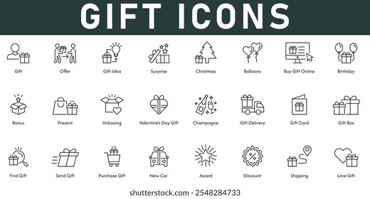 Gift Icons vector illustration with thin line editable stroke contains offer surprise Christmas balloons online birthday bonus champagne gift card box award love gift send