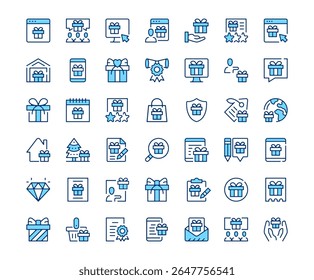 Gift icons. Vector line icon set. Modern outline design. Blue concept