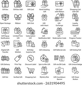Gift Icons Vector Set, Outline Style