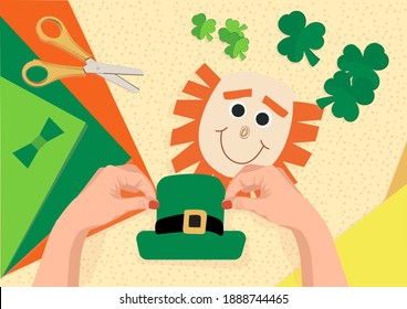 Gift Idea, decor Saint Patricks Day. Clover of green paper. Child craft process. Top view. Irish holiday. Lucky shamrock.