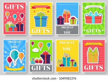 Gift information cards set. Surprise template of flyear, magazines, posters, book cover, banners. Box infographic concept background. Layout illustrations modern pages with typography text.