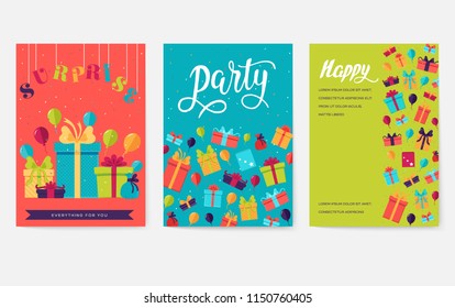 Gift information cards set. Surprise template of flyear, magazines, posters, book cover, banners. Box infographic concept  background. Layout illustrations modern pages with typography 