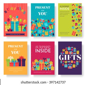 Gift information cards set. Surprise template of flyear, magazines, posters, book cover, banners. Box infographic concept  background. Layout illustrations modern pages with typography text