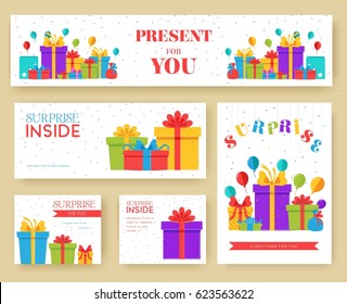 Gift information cards set. Surprise template of flyear, magazines, posters, book cover, banners. Box infographic concept background. Layout illustrations modern pages with typography text