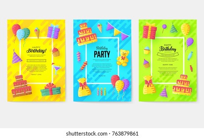 Gift information cards set. Surprise template of flyear, magazines, posters, book cover, banners. Box infographic concept  background. Layout illustrations modern pages with typography text