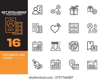 Gift intelligence personalization icons representing AI recommendation systems smart gifting solutions customer preference analysis and festive shopping optimization.