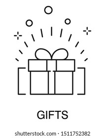 Gift isolated outline icons, present box, sale offer vector. Shopping store and birthday discount symbol, delivery service, Christmas symbol. Decorative container with bow, surprise holiday package