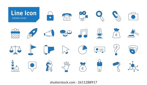 Gift, Justice, Video Camera, Mega Phone, Key, Lock, Telephone, First Aid, CCTV, Mosque, Rocket, Pointer, Music, Microphone, Projector Line Icon Set. Editable Stroke Vector Illustration