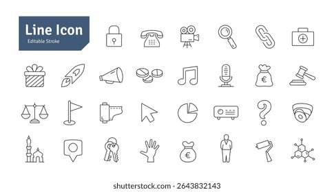 Gift, Justice, Video Camera, Mega Phone, Key, Lock, Telephone, First Aid, CCTV, Mosque, Rocket, Pointer, Music, Microphone, Projector Line Icon Set. Editable Stroke Vector Illustration