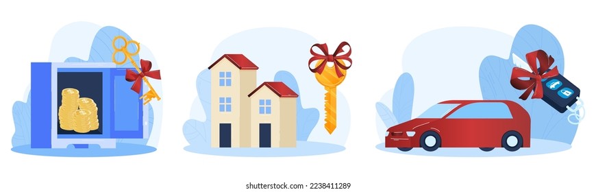 Llave de regalo, coche nuevo rojo, fondo de automóvil, regalos seres queridos, objeto real, diseño, en ilustración vectorial de estilo caricatura.