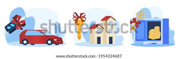 Gift key, red new car, automobile\
background, gifts loved ones, real object, design, in cartoon style\
vector illustration.