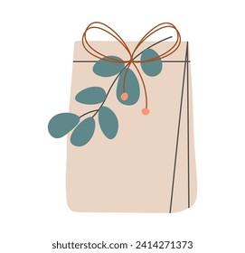 
Regalo en una bolsa de papel kraft con bifurcación y bielas. Vacaciones presentes en modernos envases ecológicos. Regalo de bricolaje atado con arco o cuerda. Decoración floral. Ilustración vectorial plana sobre fondo aislado blanco.