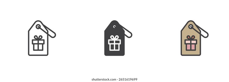 Gift label price tag icon in outline, solid glyph and colorful filled outline styles. Vector symbol icon for holiday, promotion or gift sale.