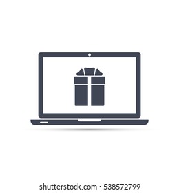 Gift in laptop computer screen, vector.