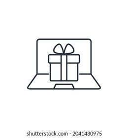 Gift in the laptop. Vector linear icon isolated on white background.