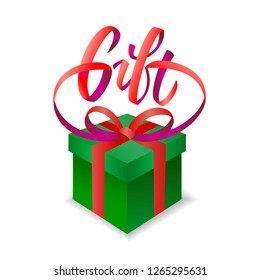 Gift lettering with box or present vector illustration. Modern style lettering with ribbons. Holiday decoration. Birthday package with bow. Isolated on white background. 
