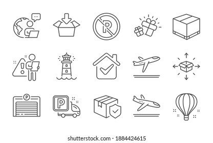 Gift, Lighthouse and Truck parking line icons set. Parcel delivery, Get box and Departure plane signs. Arrivals plane, Parking garage and Parcel insurance symbols. Delivery box, Air balloon. Vector