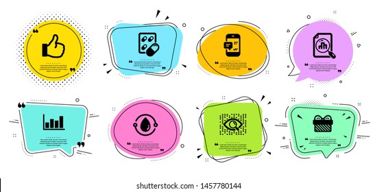 Gift, Like and Artificial intelligence line icons set. Chat bubbles with quotes. Report diagram, Smartphone notification and Analytics graph signs. Cold-pressed oil, Capsule pill symbols. Vector