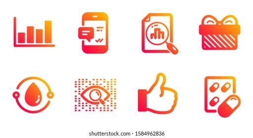 Gift, Like and Artificial intelligence line icons set. Report diagram, Smartphone notification and Analytics graph signs. Cold-pressed oil, Capsule pill symbols. Present, Thumbs up. Vector