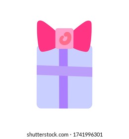 Casilla de laca de regalo con arco rosado y cinta violeta de estilo plano sobre un fondo blanco. Diseño de promoción de regalo, pegatina para carta al cliente, icono de regalo, cumpleaños, vacaciones. Un símbolo de regalo y sorpresa
