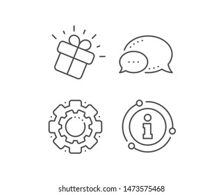 Gift line icon. Chat bubble, info sign elements. Present box sign. Brand marketing symbol. Linear gift outline icon. Information bubble. Vector