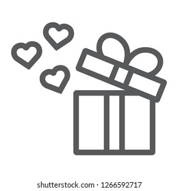 Gift line icon, love and package, gift box with hearts sign, vector graphics, a linear pattern on a white background, eps 10.
