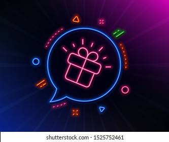 Gift line icon. Neon laser lights. Present box sign. Brand marketing symbol. Glow laser speech bubble. Neon lights chat bubble. Banner badge with gift icon. Vector