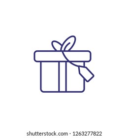 Gift line icon. Present box with tag and ribbon on white background. Celebration concept. Vector illustration can be used for topics like greeting, festival, party, celebration