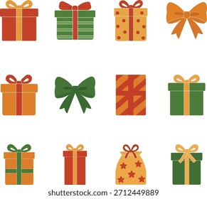 Gift line icon set with ribbon and present boxes.