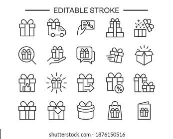 Gift line icons. box, bow, surprise, certificate, gift card, such present, discount, package, price tag. Vector illustration isolated Editable stroke.
