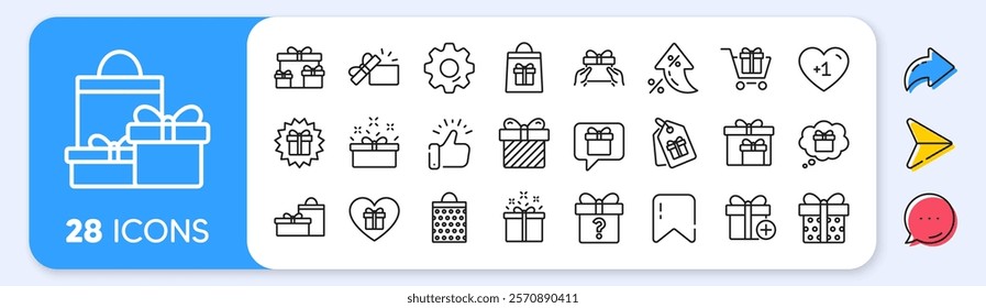 Gift line icons. Interest rate, AI generate, Inflation icons. Present box, Offer and Sale. Shopping cart, Tag and Chat. Speech bubble, Give a gift box, question mark, birthday discount. Vector