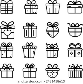 Gift Line Icons For Mobile and Web. Contains such icons as Gift, Christmas Present, E-Commerce, Valentines Day, Birthday.