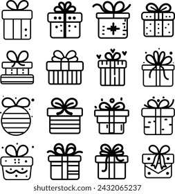 Gift Line Icons For Mobile and Web. Contains such icons as Gift, Christmas Present, E-Commerce, Valentines Day, Birthday.	