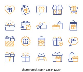 Gift line icons. Present box, Offer and Sale. Shopping cart, Tag and Chat. Speech bubble, Give a gift box, question mark, birthday discount. Shopping sale cart, present tag, delivery. Vector