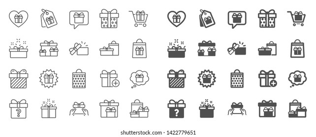 Gift line icons. Present box, Offer and Sale. Shopping cart, Tag and Chat. Speech bubble, Give a gift box, question mark, birthday discount. Shopping sale cart, present tag, delivery. Quality sign set