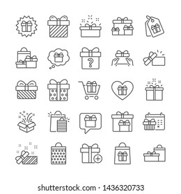 Gift line icons. Present box, Sale offer. Shopping cart, Tag and Chat. Speech bubble, Give a gift box, question mark, birthday discount. Shopping sale cart, present tag, delivery. Quality set. Vector