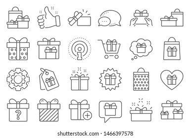 Gift line icons. Present box, Offer and Sale. Shopping cart, Tag and Chat. Speech bubble, Give a gift box, question mark, birthday discount. Shopping sale cart, present tag, delivery. Vector