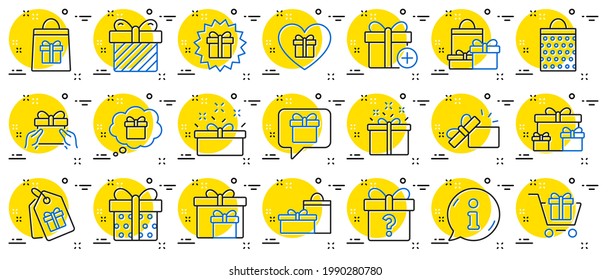 Gift line icons. Present box, Offer and Sale. Shopping cart, Tag and Chat. Speech bubble, Give a gift box, question mark, birthday discount. Shopping sale cart, present tag, delivery. Vector