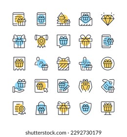 Gift line icons. Set of gift icons. Black, blue and yellow colors. Modern outline graphic design. Vector line icons set