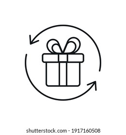 Gift linear icon. Present with arrows. Surprise in box. Celebrate birthday. Give away. Thin line customizable illustration. Contour symbol. Vector isolated outline drawing. Editable stroke